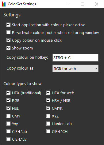 Screenshot of color picker utility ColorGet